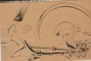 La Machine, plume et aquarelle. Dessin préparatoire au tableau "Dynamis ou La Houille Rouge" 1902