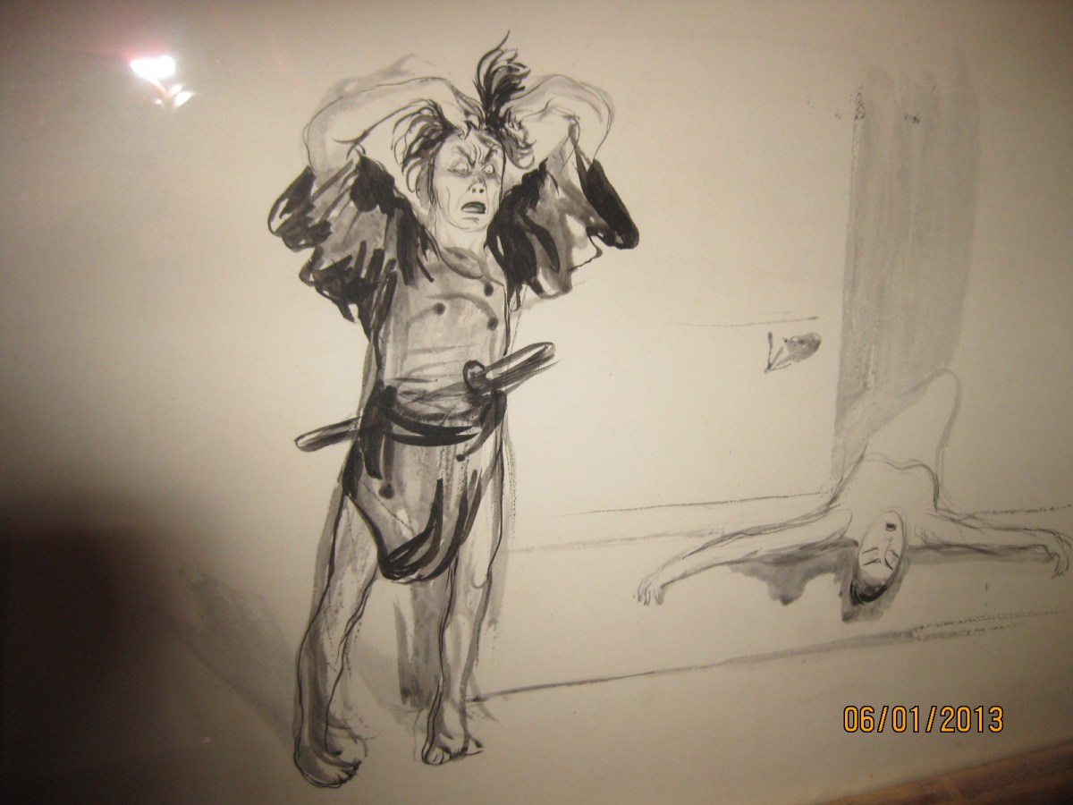 Lavis d'encre de Jean Veber représentant un samourai dans un théatre not